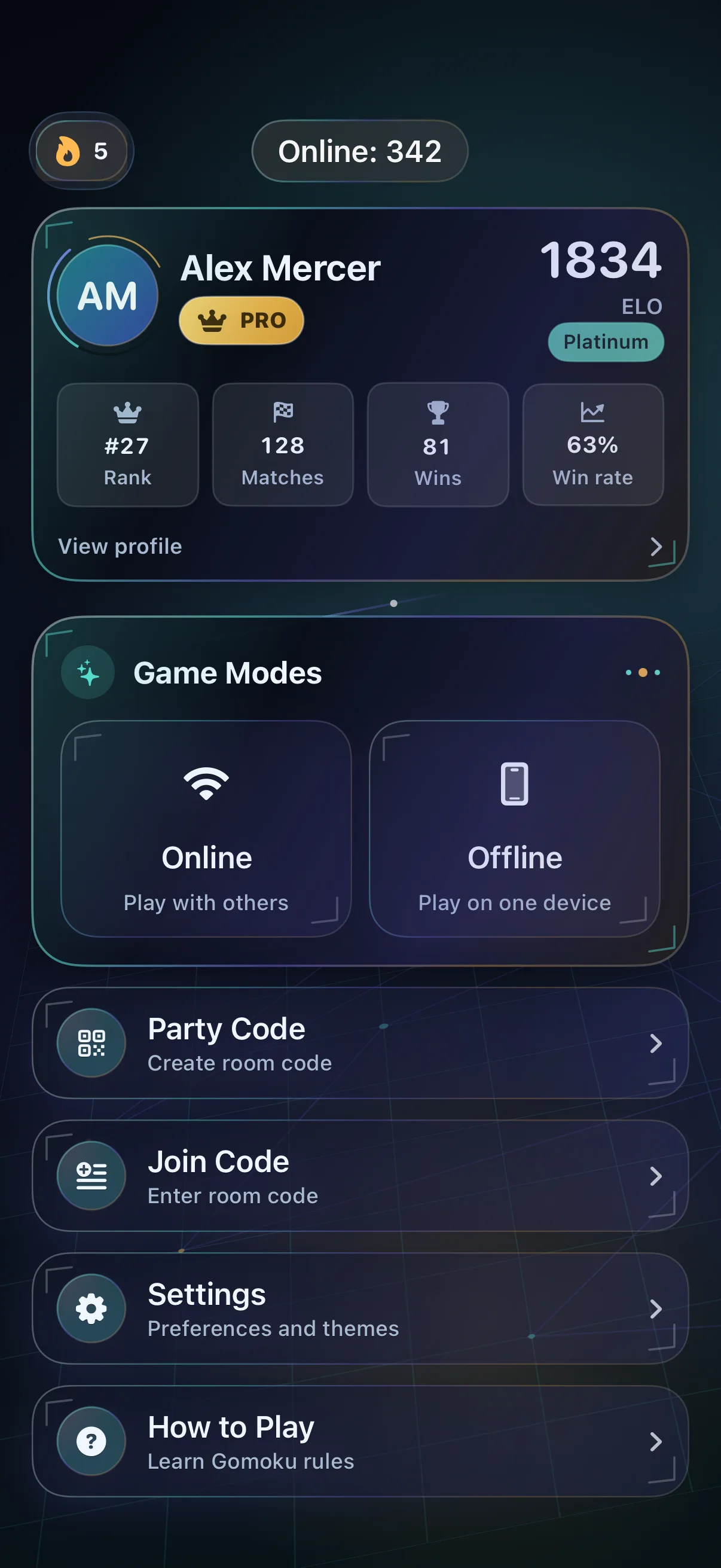Gomoku Party lobby with online, private, and local play choices