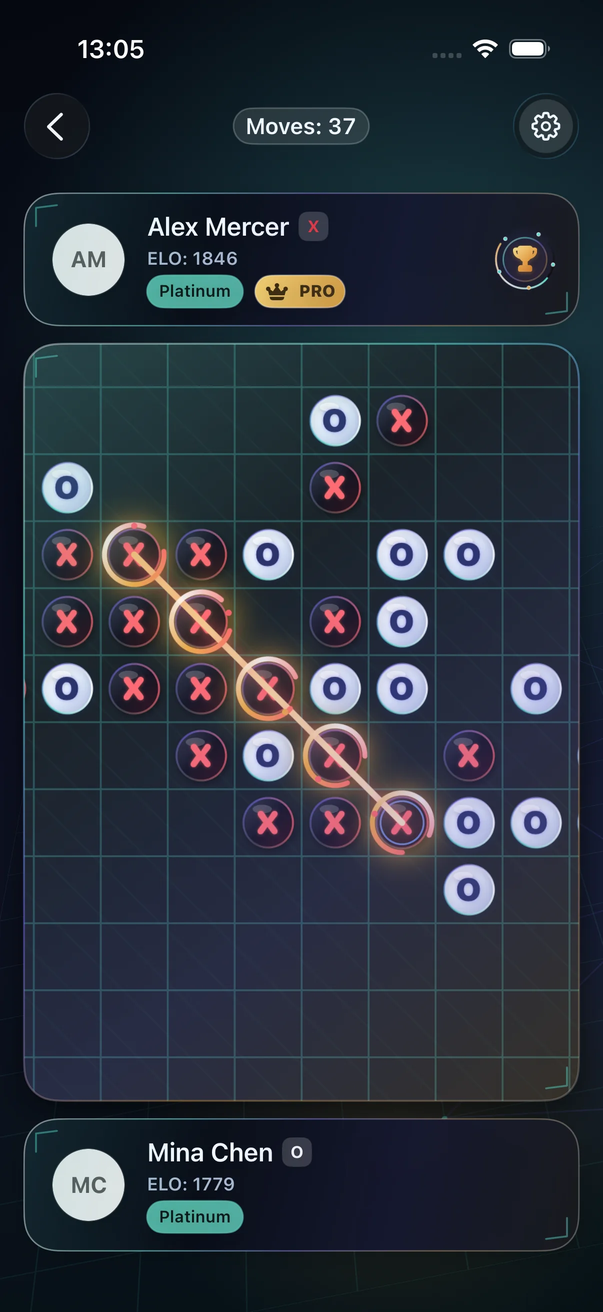 A finished Gomoku Party match with five winning marks highlighted