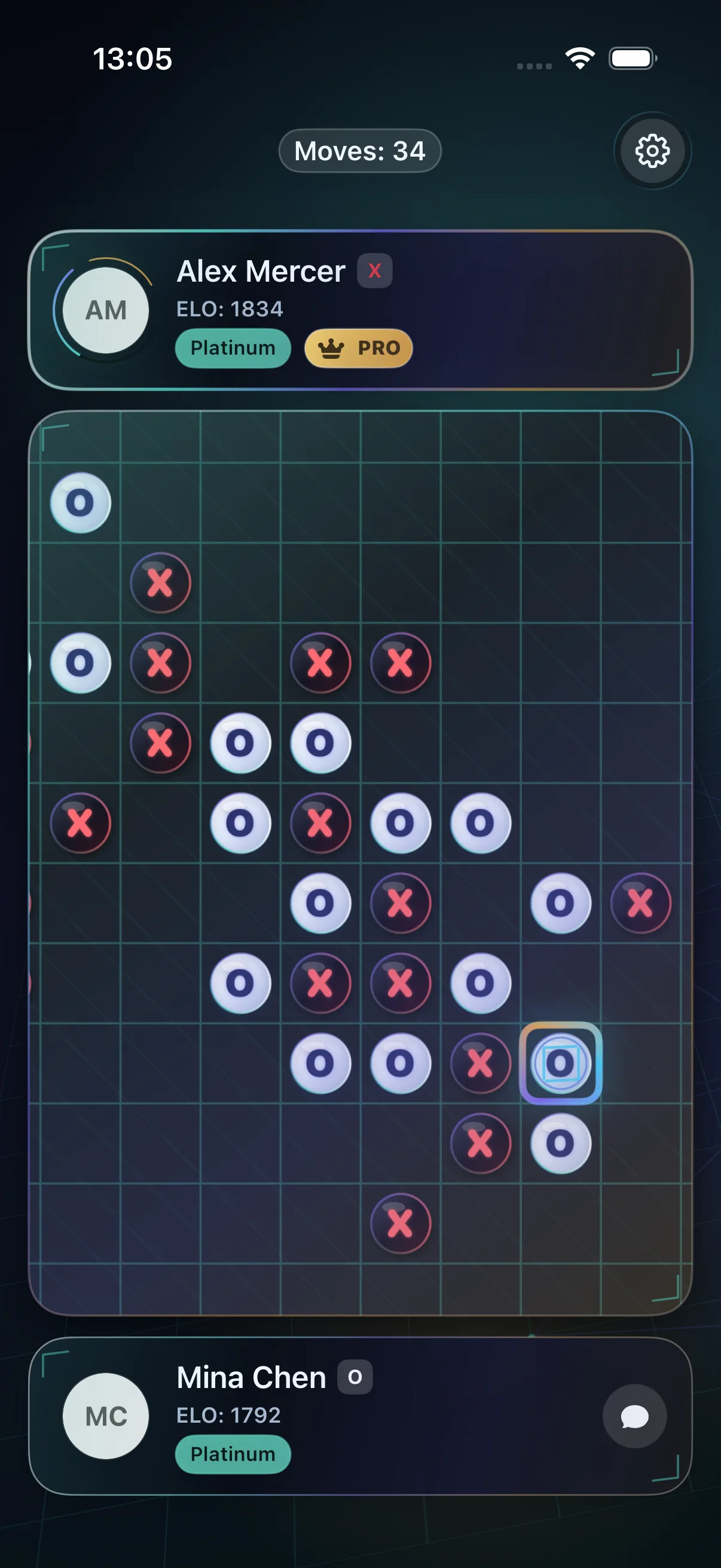 A live ranked Gomoku Party match in dark mode